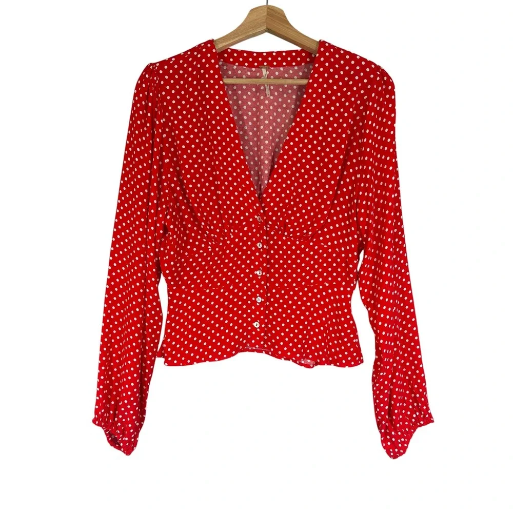 Free People Love Street Red Polka Dot Top S Puff Sleeve Peplum Feminine Retro